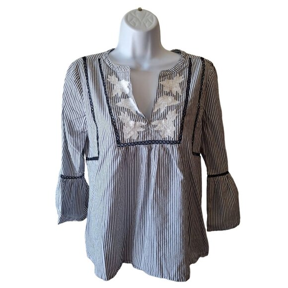 Gap Womens Peasant Top XS Blue Striped Embroidered 3/4 Bell Sleeves Boho - Picture 1 of 7